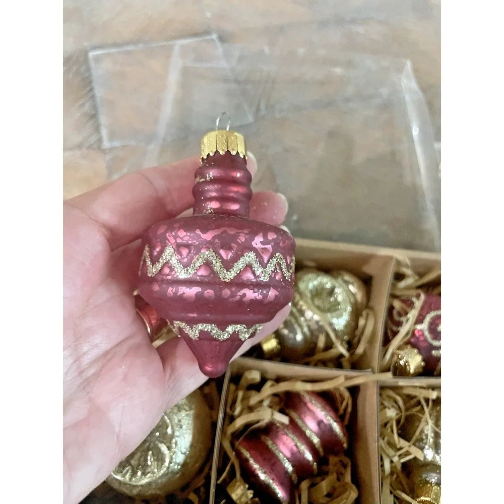 Vtg Set of 9 Ashland‎ Glass Glitter Frosted Pink Gold Christmas Ornaments NIB